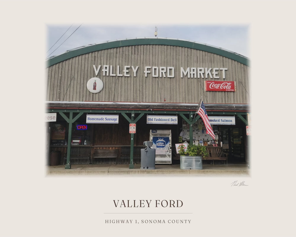 Valley Ford General Store, from the photograph taken on location to the ink line work to the watercolor print