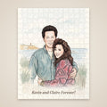 Mockup of a finished 252-piece puzzle made from Kevin and Claire's custom watercolor, with the words Kevin and Claire Forever