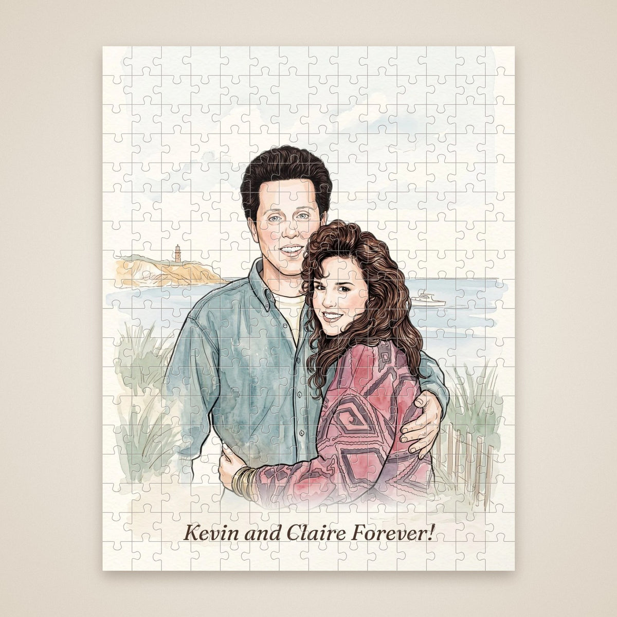 Mockup of a finished 252-piece puzzle made from Kevin and Claire's custom watercolor, with the words Kevin and Claire Forever