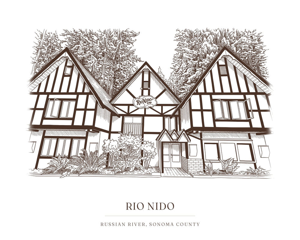 The ink drawing of the Tudor lodge in Rio Nido that is engraved on this cutting board