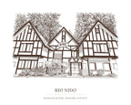 The ink drawing of the Tudor lodge in Rio Nido that is engraved on this cutting board