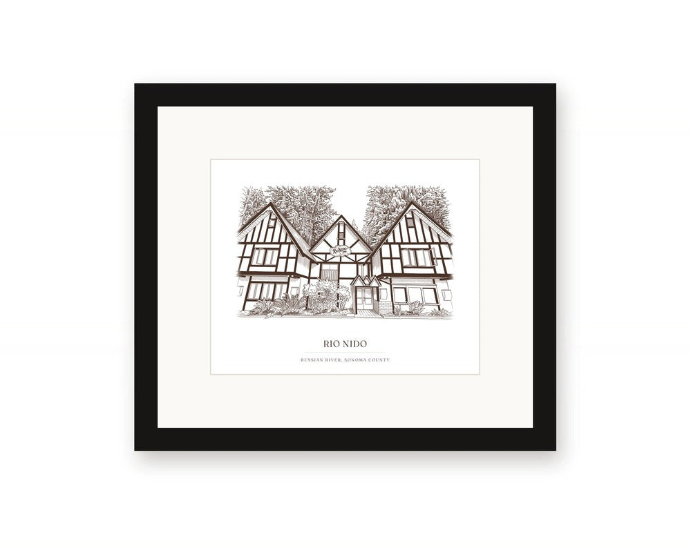 Framed ink drawing print of the Tudor lodge in Rio Nido, Russian River, with a white mat in a black frame