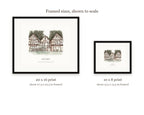 Size guide comparing the 20 x 16 and 10 x 8 framed watercolor prints of the Rio Nido Tudor lodge to scale