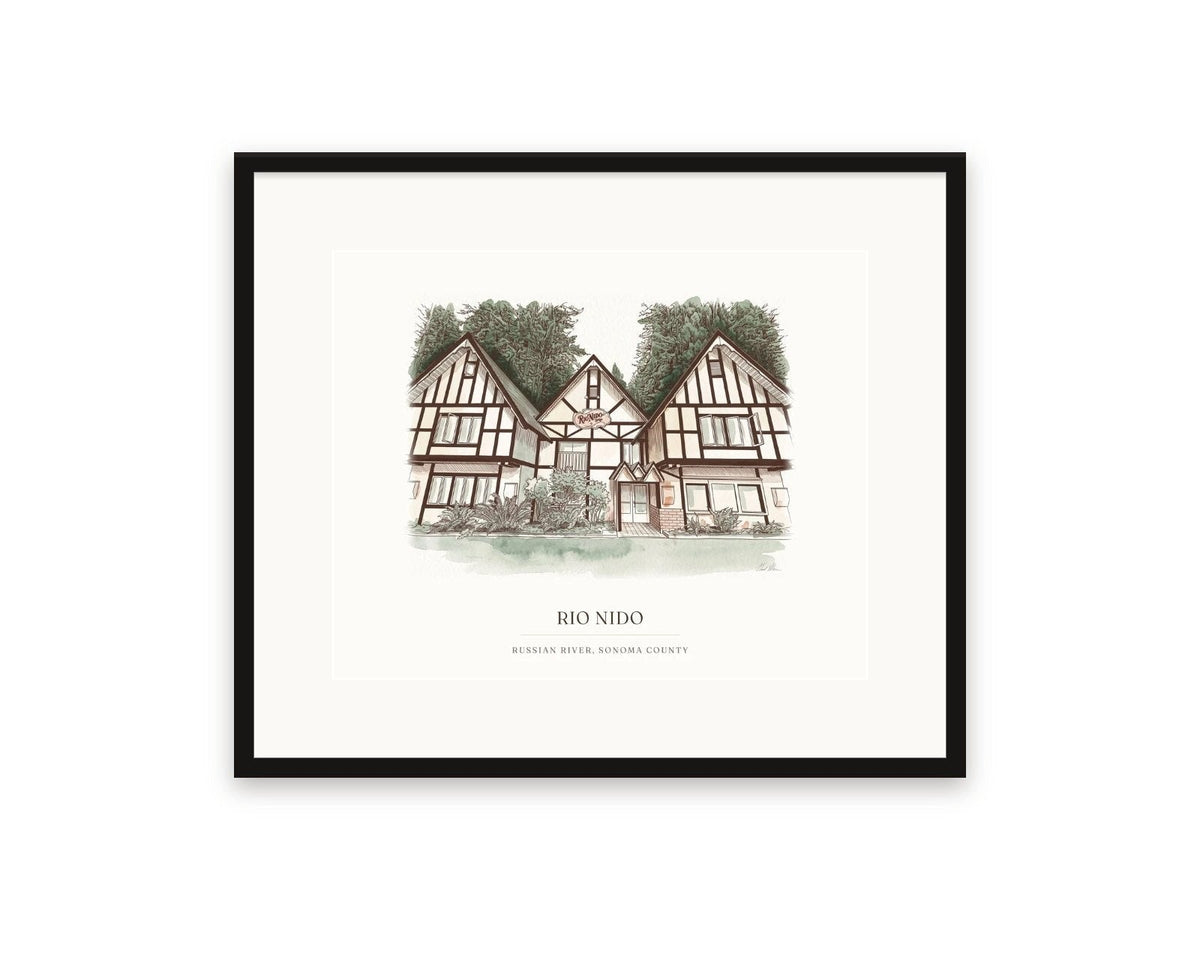 Rio Nido Tudor lodge watercolor print, 20 x 16 in, in a black frame with a wide white mat
