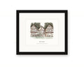 Framed watercolor print of the Tudor lodge in Rio Nido, Russian River, with a white mat in a black frame