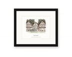 Framed watercolor print of the Tudor lodge in Rio Nido, Russian River, with a white mat in a black frame