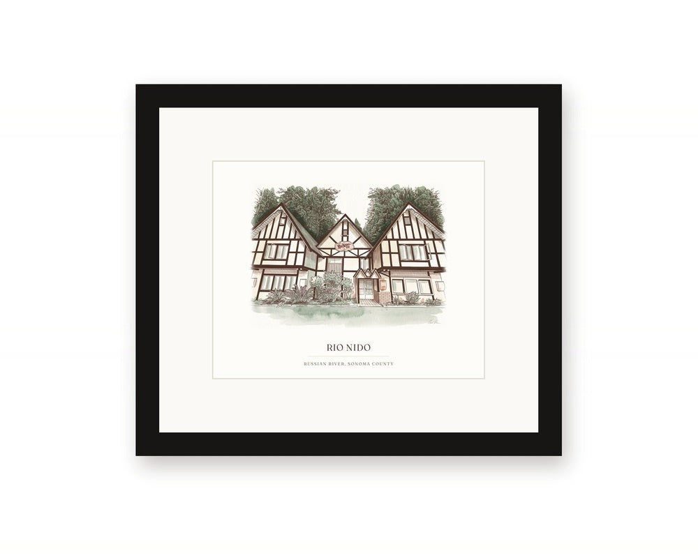 Framed watercolor print of the Tudor lodge in Rio Nido, Russian River, with a white mat in a black frame