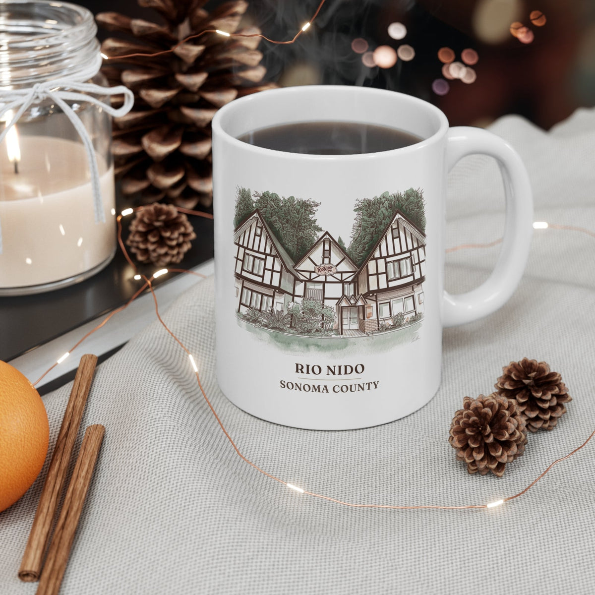 Rio Nido Tudor Lodge mug on a holiday coffee table