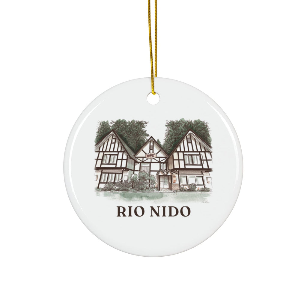 Round ceramic ornament with Rio Nido Tudor Lodge in watercolor and the place name