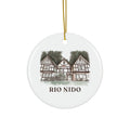 Round ceramic ornament with Rio Nido Tudor Lodge in watercolor and the place name