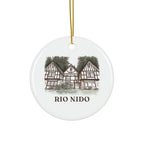 Round ceramic ornament with Rio Nido Tudor Lodge in watercolor and the place name