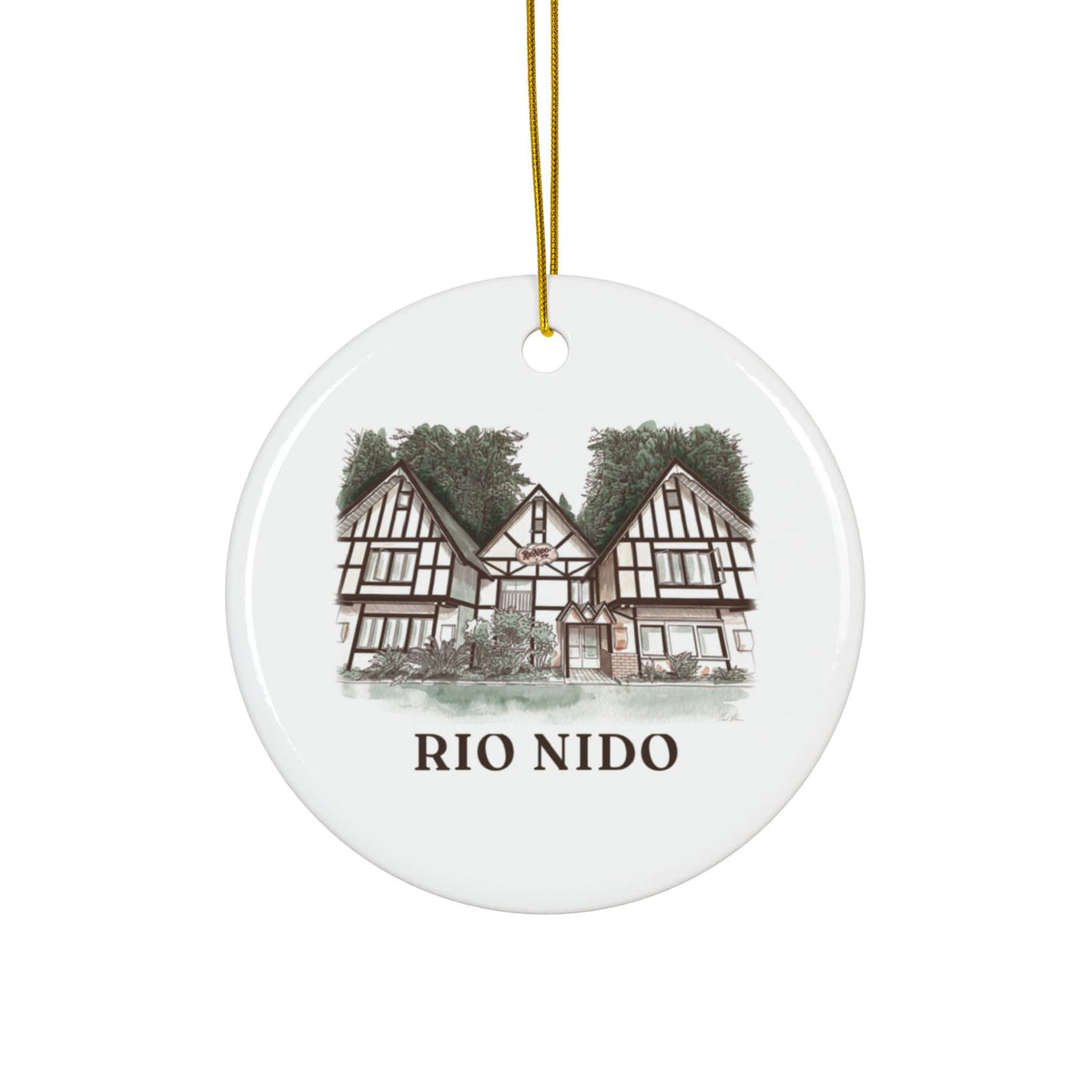 Round ceramic ornament with Rio Nido Tudor Lodge in watercolor and the place name