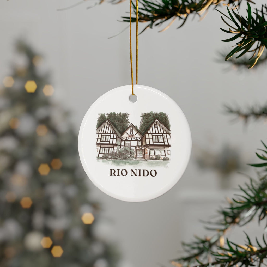 Rio Nido Tudor Lodge ornament hanging on a Christmas tree
