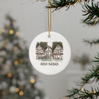 Rio Nido Tudor Lodge ornament hanging on a Christmas tree