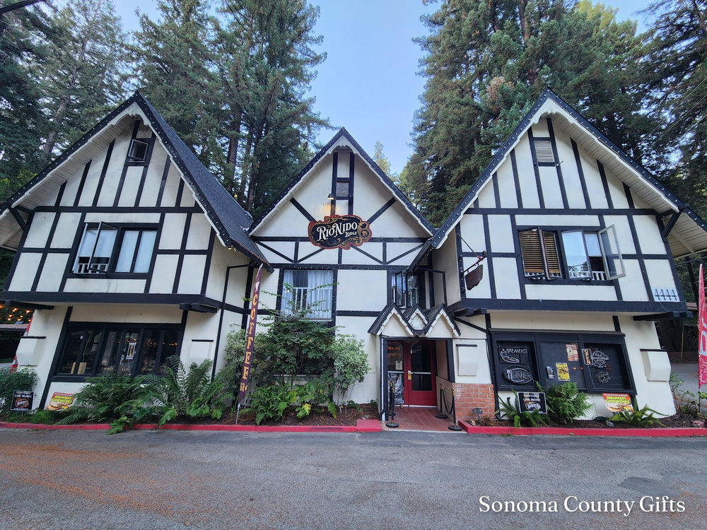 The photograph of the Tudor lodge in Rio Nido, Russian River that the drawing was made from, taken on location
