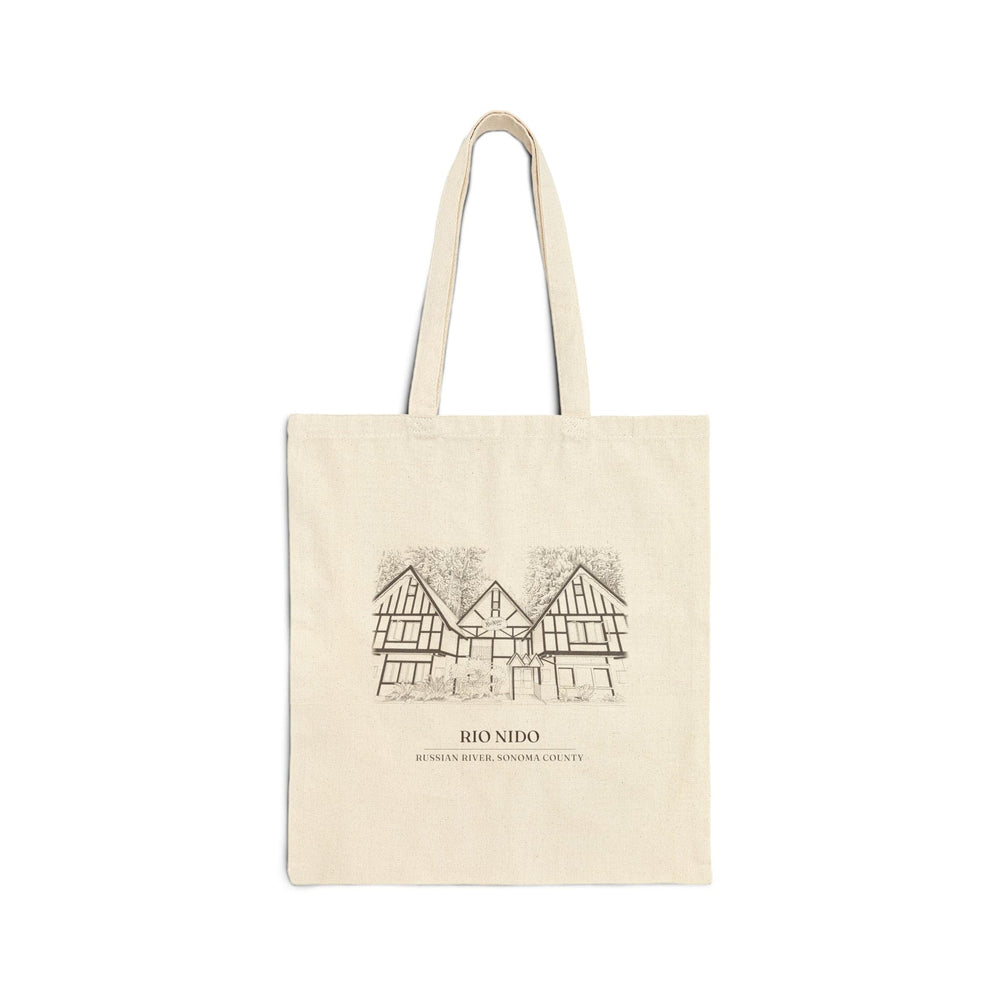 Natural cotton canvas tote bag with an ink drawing of the Tudor lodge in Rio Nido, Russian River