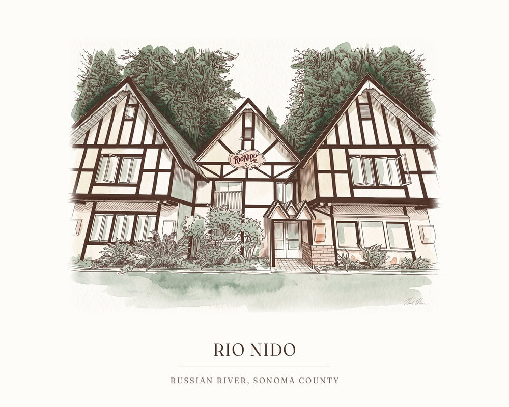 Watercolor art print of the Tudor lodge in Rio Nido, Russian River, with the place name below