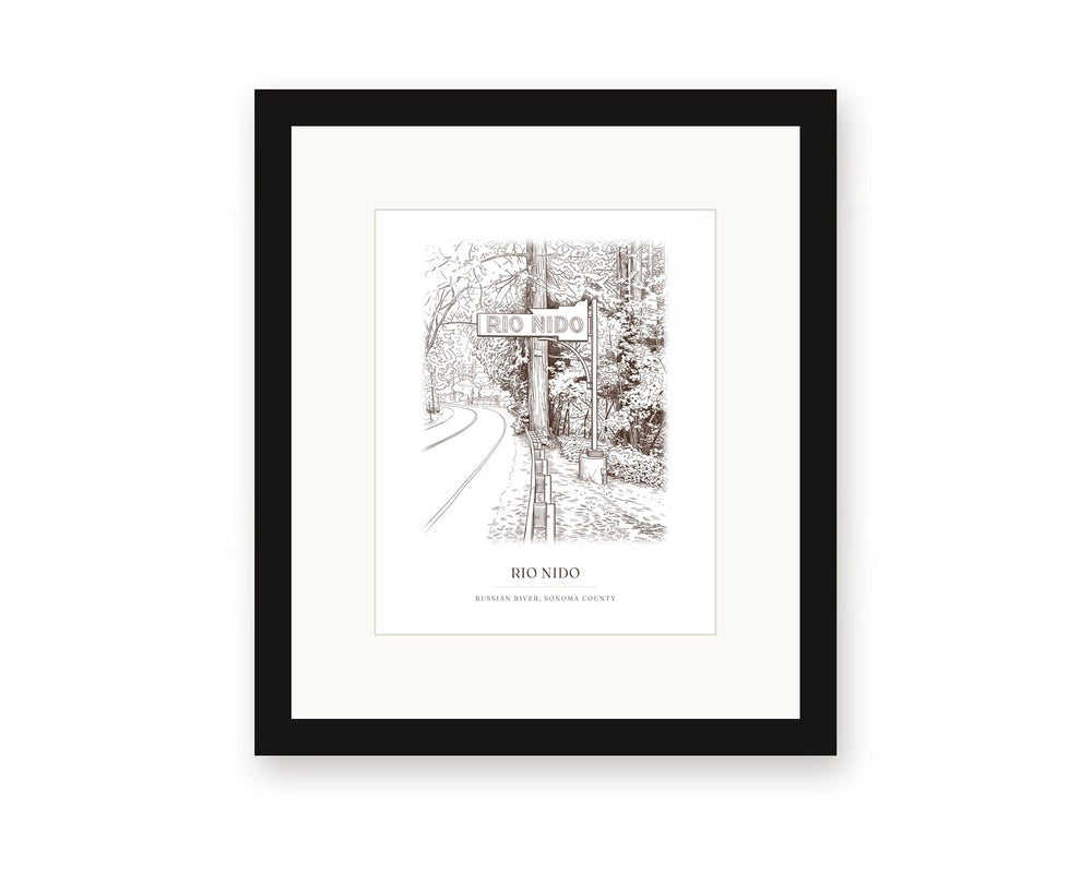 Framed ink drawing print of the Rio Nido sign on River Road, Russian River, with a white mat in a black frame
