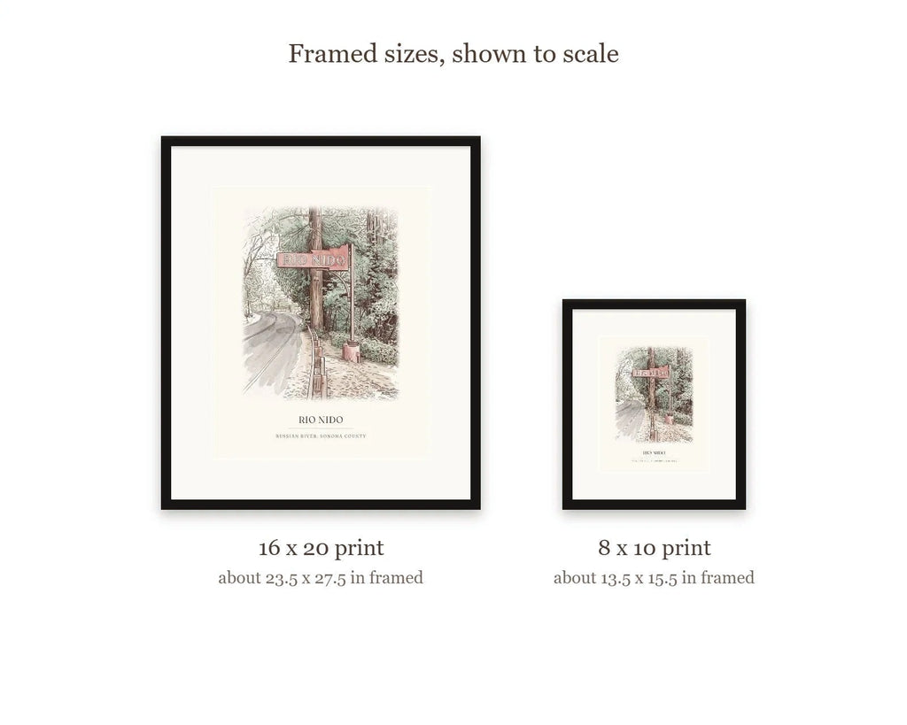 Size guide comparing the 16 x 20 and 8 x 10 framed watercolor prints of the Rio Nido sign to scale