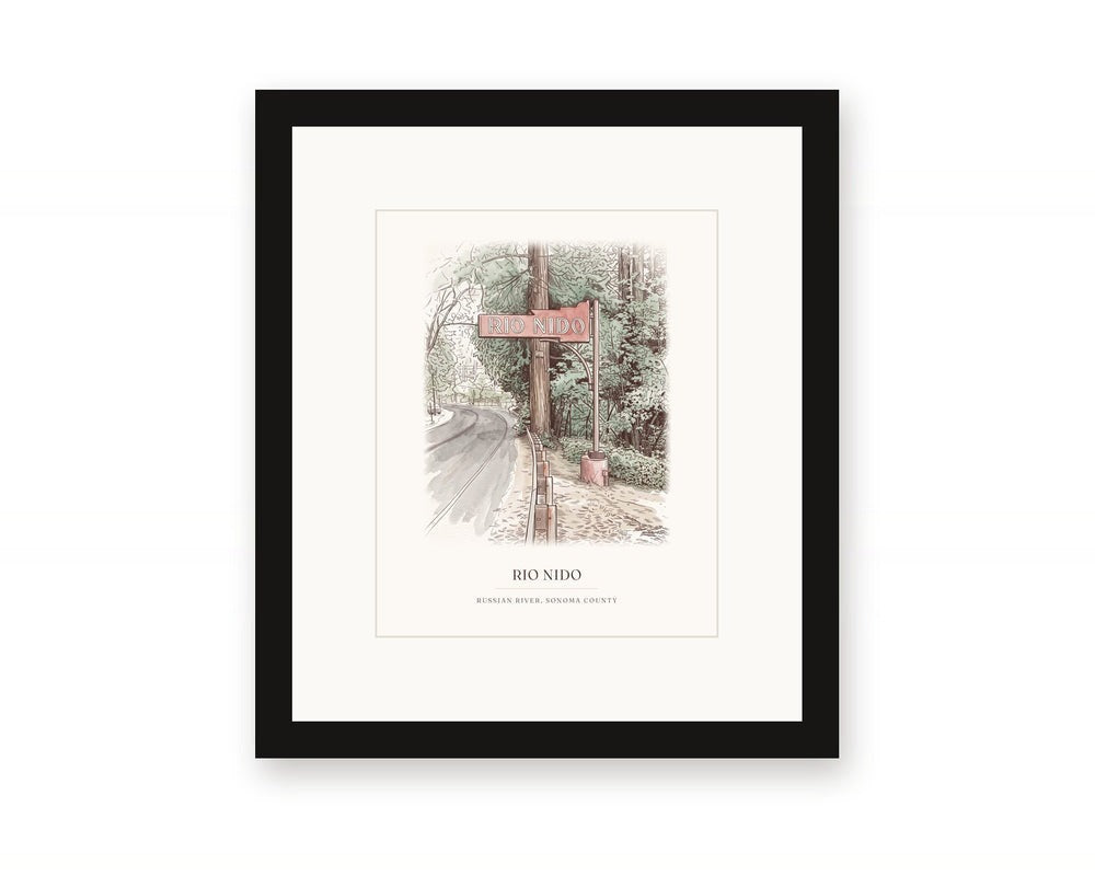 Framed watercolor print of the Rio Nido sign on River Road, Russian River, with a white mat in a black frame