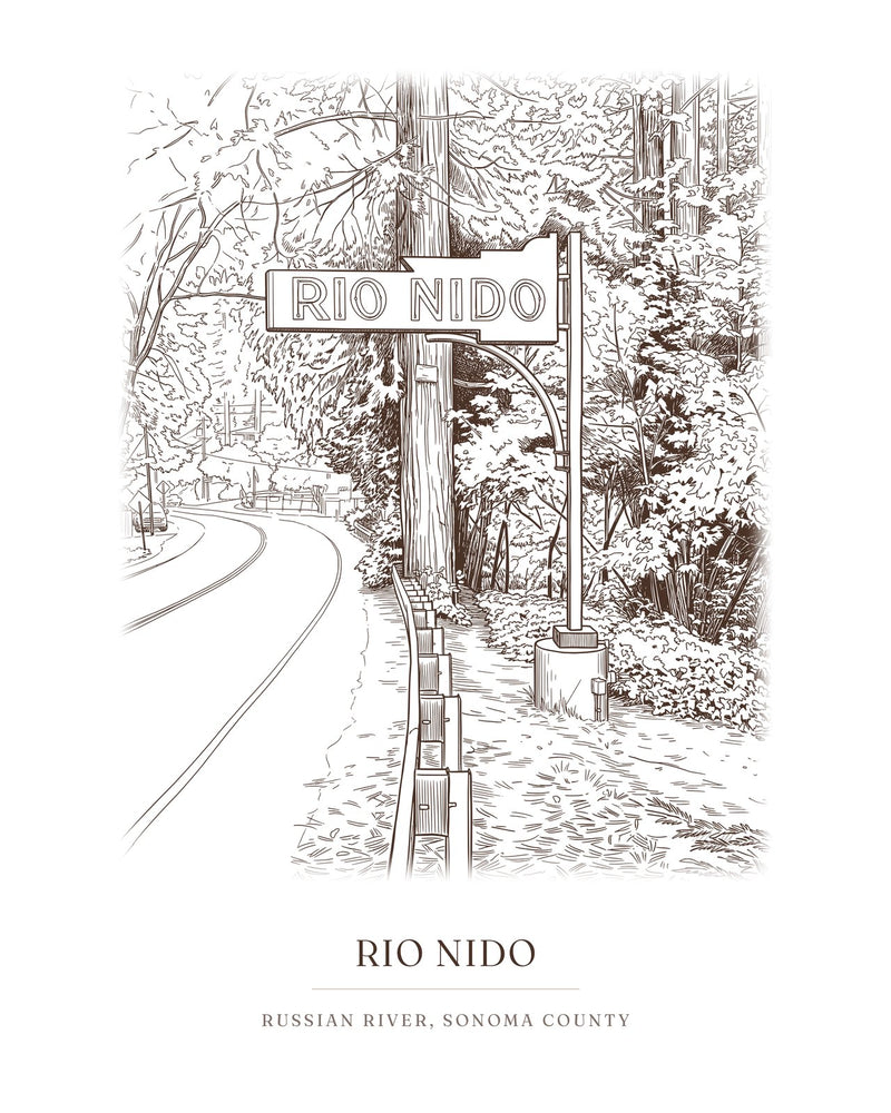 Ink drawing print of the Rio Nido sign on River Road, Russian River, Sonoma County, in brown ink