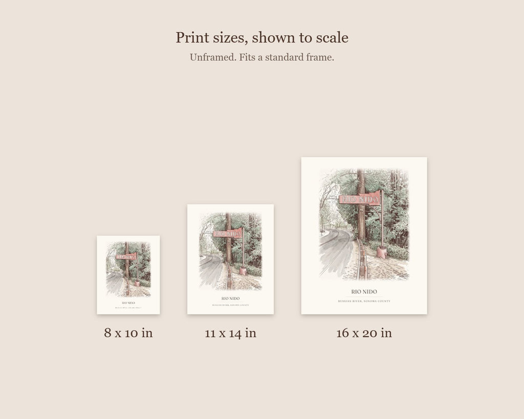 Size guide comparing the 8 x 10, 11 x 14 and 16 x 20 watercolor prints of the Rio Nido sign to scale
