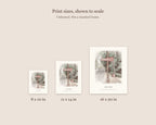Size guide comparing the 8 x 10, 11 x 14 and 16 x 20 watercolor prints of the Rio Nido sign to scale