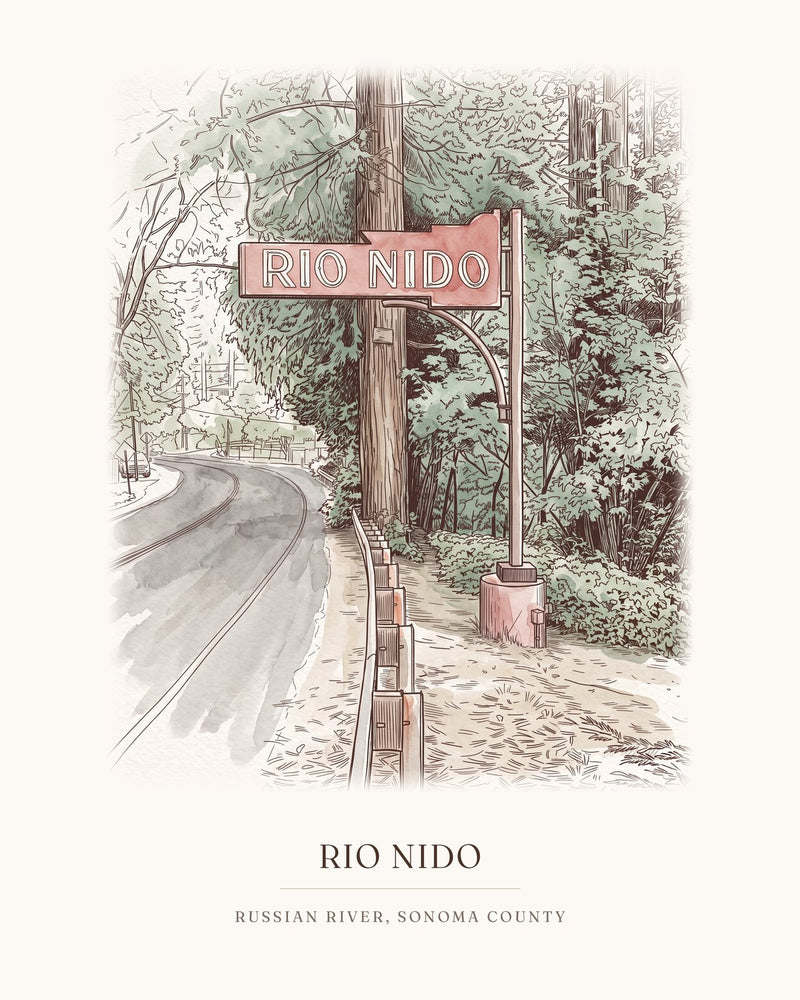 Watercolor art print of the Rio Nido sign on River Road, Russian River, with the place name below