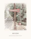 Watercolor art print of the Rio Nido sign on River Road, Russian River, with the place name below