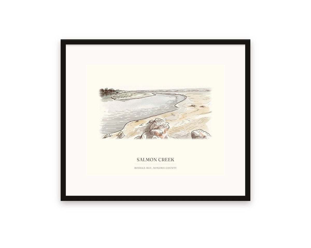 Salmon Creek watercolor print, 20 x 16 in, in a black frame with a wide white mat