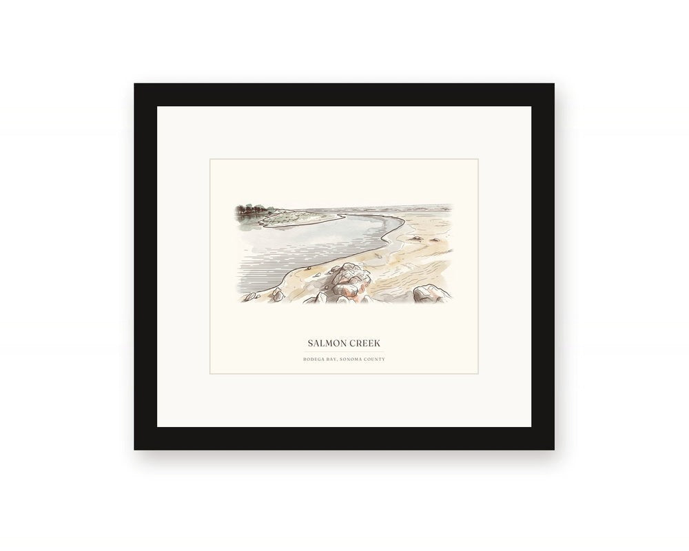 Framed watercolor print of the mouth of Salmon Creek at Salmon Creek Beach, with a white mat in a black frame