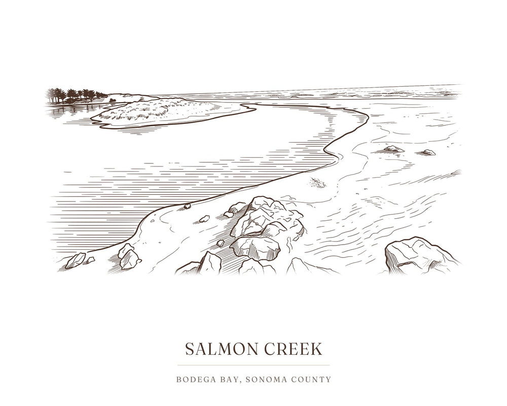 Ink drawing print of the mouth of Salmon Creek at Salmon Creek Beach, Sonoma County, in brown ink