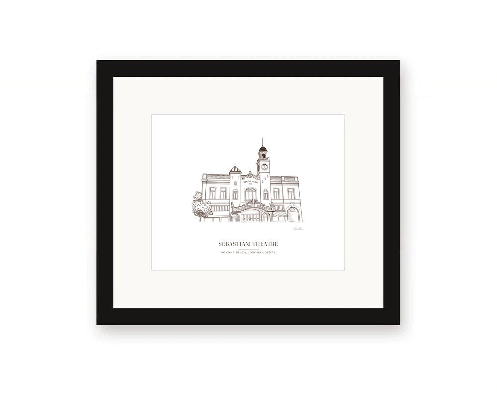 Framed line drawing print of the Sebastiani Theatre on the Sonoma Plaza, with its marquee and tall front, with a white mat in a black frame
