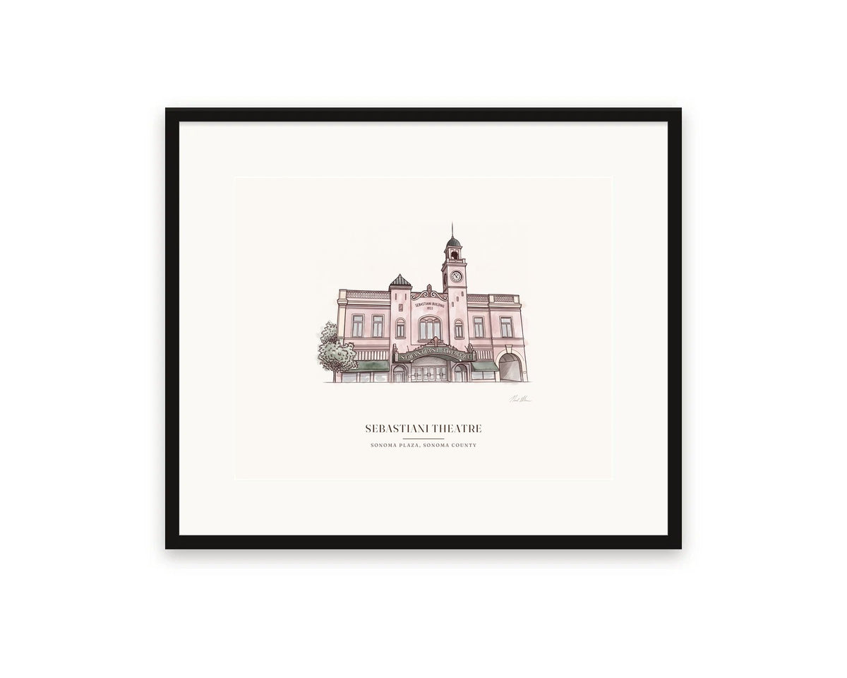 Sebastiani Theatre watercolor print, 20 x 16 in, in a black frame with a wide white mat