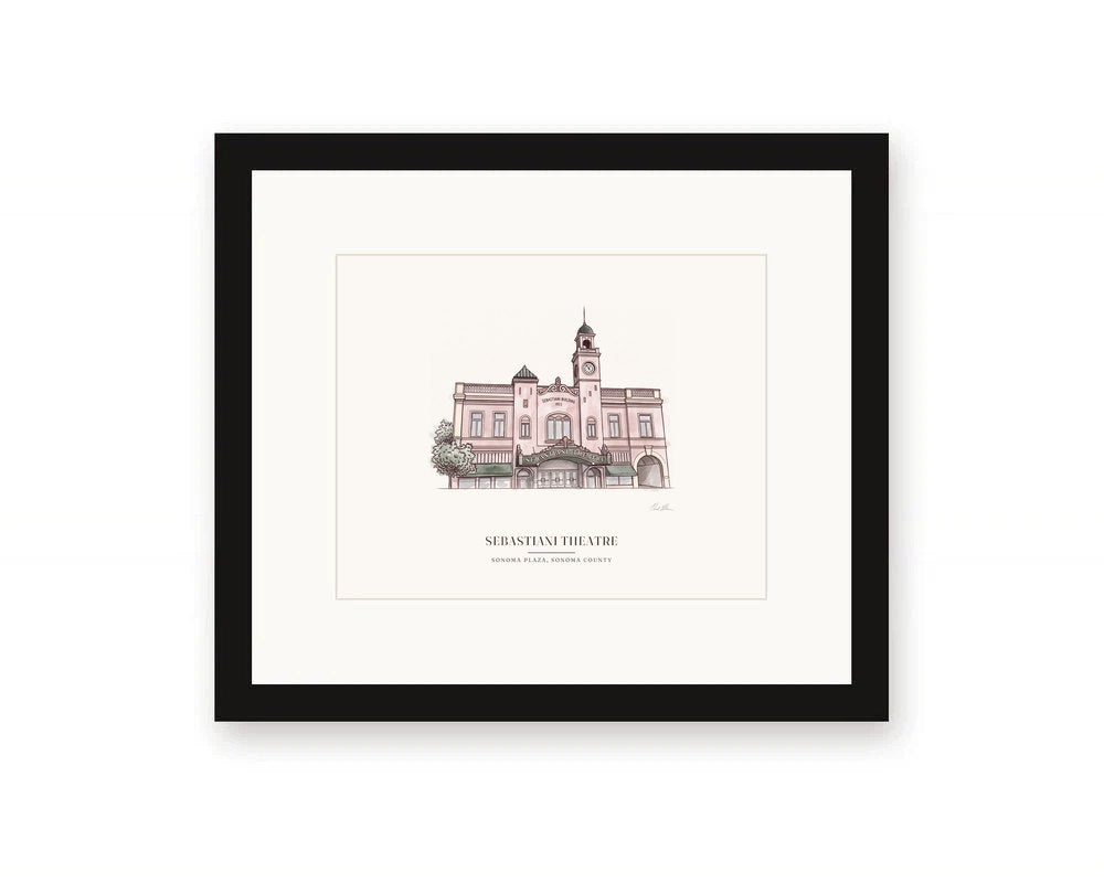 Framed watercolor print of the Sebastiani Theatre on the Sonoma Plaza, with its marquee and tall front, with a white mat in a black frame
