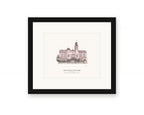 Framed watercolor print of the Sebastiani Theatre on the Sonoma Plaza, with its marquee and tall front, with a white mat in a black frame