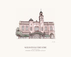 Watercolor print of the Sebastiani Theatre on the Sonoma Plaza, with its marquee and tall front, with the place name below