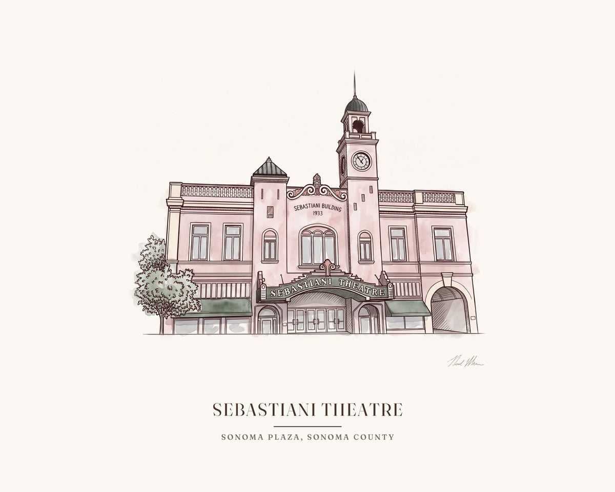 Watercolor print of the Sebastiani Theatre on the Sonoma Plaza, with its marquee and tall front, with the place name below