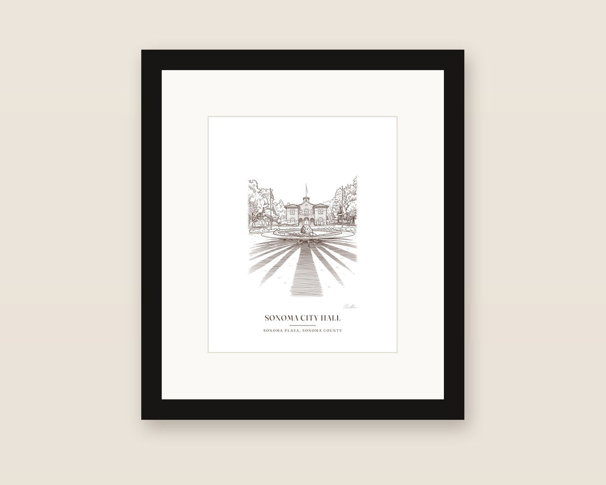 Framed line drawing print of Sonoma City Hall, the stone building at the center of the Sonoma Plaza, with its sign over the front door, with a white mat in a black frame