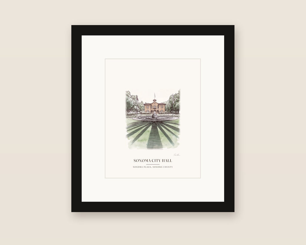 Framed watercolor print of Sonoma City Hall, the stone building at the center of the Sonoma Plaza, with its sign over the front door, with a white mat in a black frame