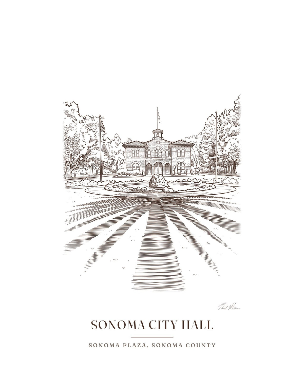 Line drawing print of Sonoma City Hall, the stone building at the center of the Sonoma Plaza, with its sign over the front door, in brown line with the place name below