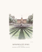 Watercolor print of Sonoma City Hall, the stone building at the center of the Sonoma Plaza, with its sign over the front door, with the place name below