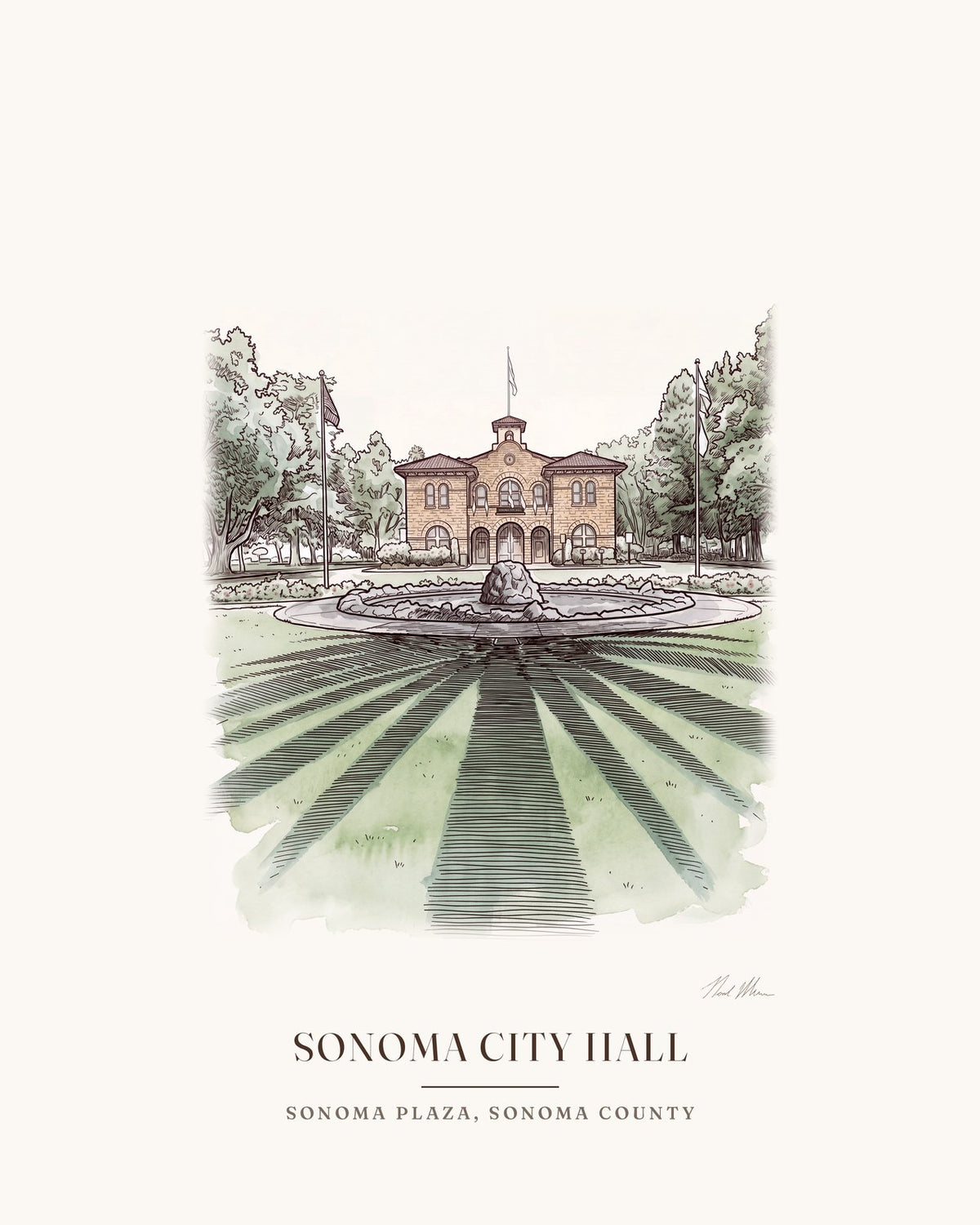 Watercolor print of Sonoma City Hall, the stone building at the center of the Sonoma Plaza, with its sign over the front door, with the place name below