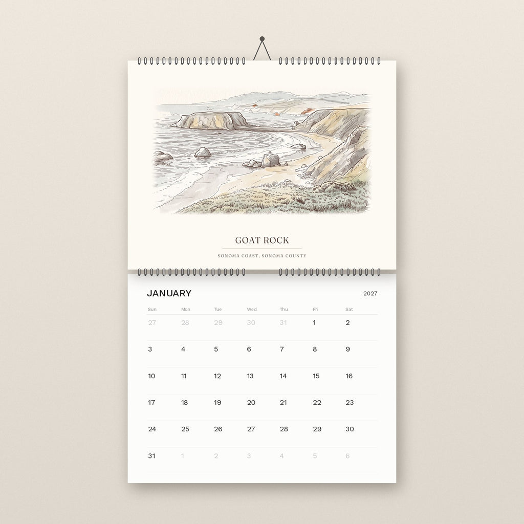 January: Goat Rock, Sonoma Coast, above the January 2027 date grid