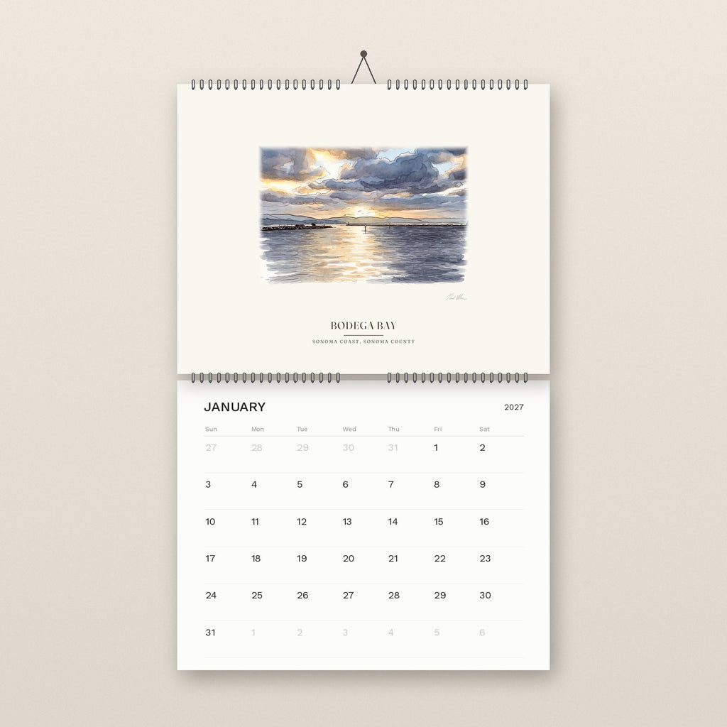 January: Bodega Bay at sunrise, above the January 2027 date grid