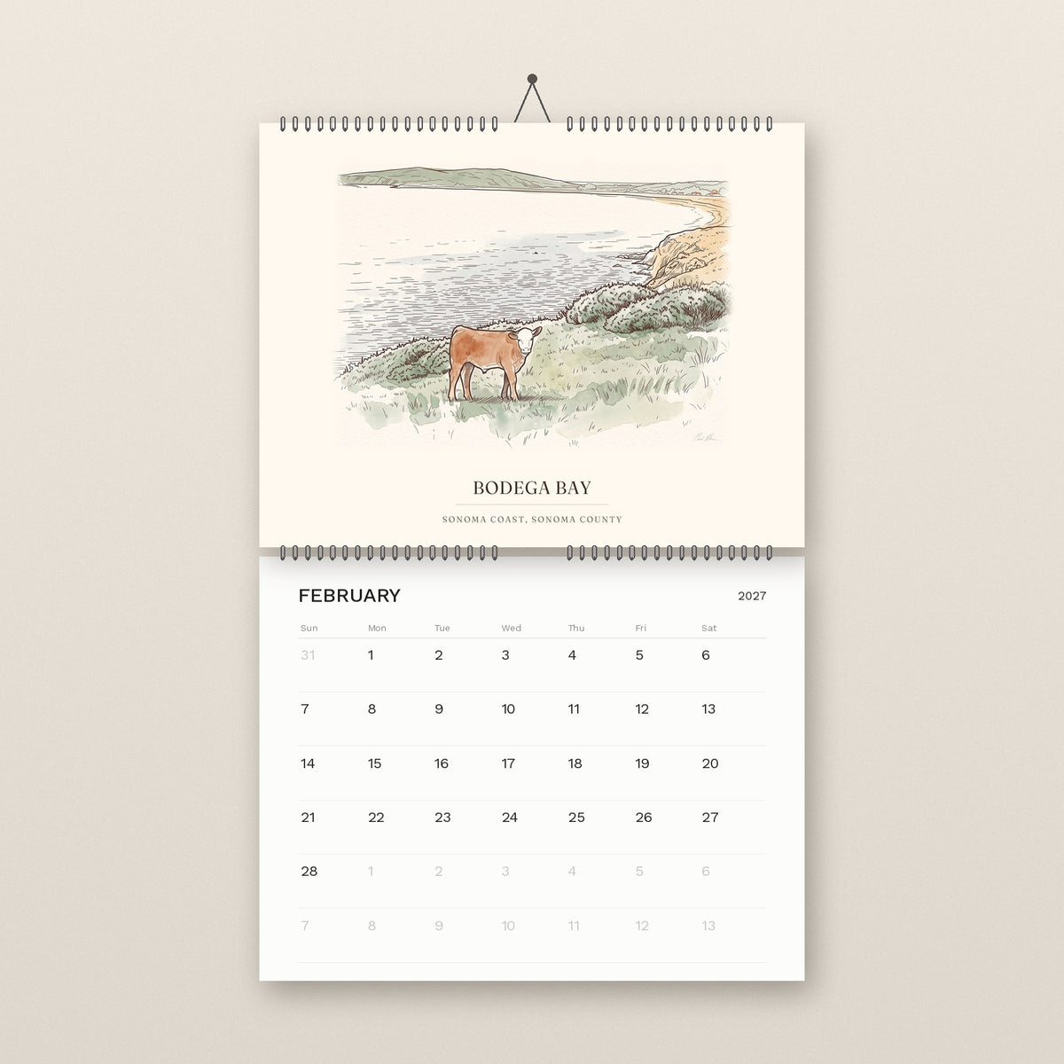 February: a calf in a Bodega Bay pasture, above the February 2027 date grid