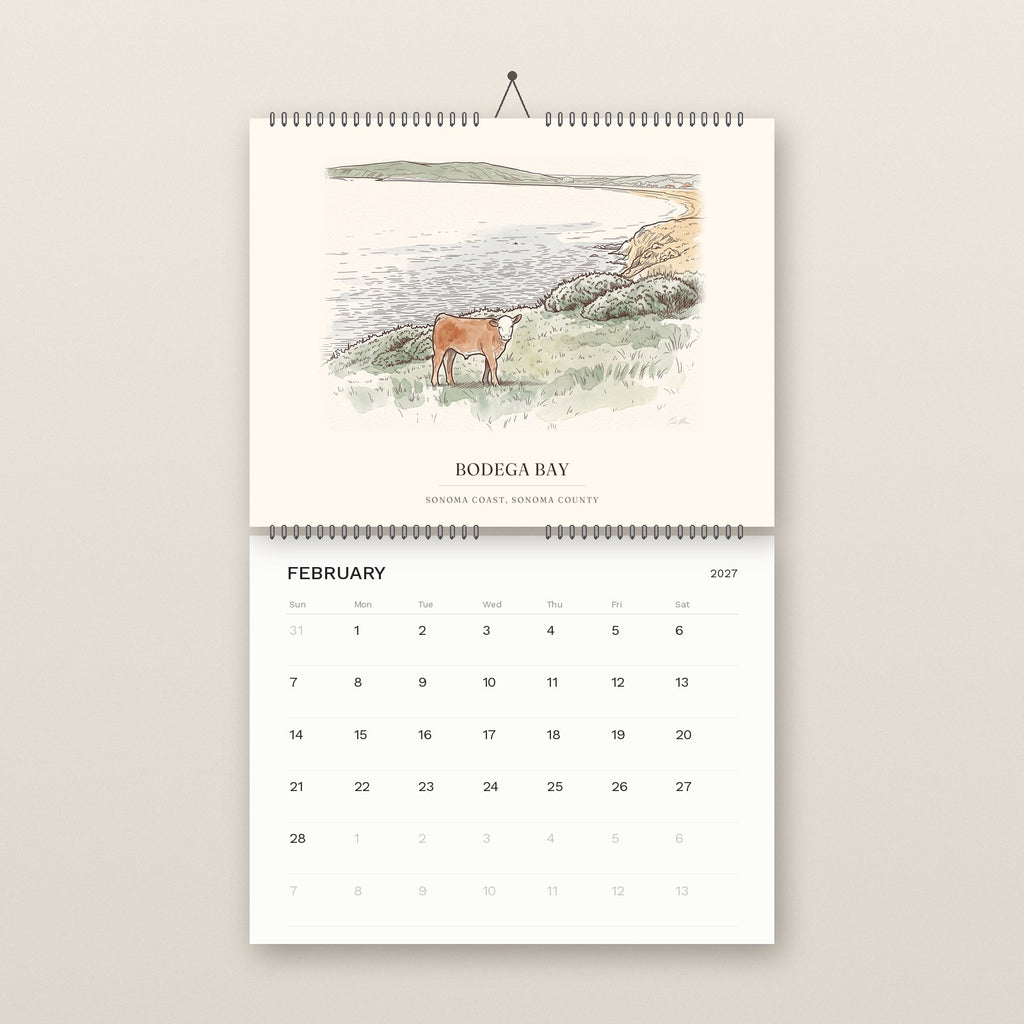 February: a calf in a Bodega Bay pasture, above the February 2027 date grid
