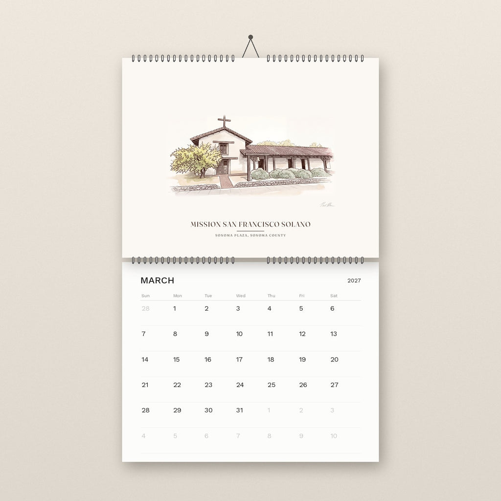 March: Mission San Francisco Solano in Sonoma, above the March 2027 date grid