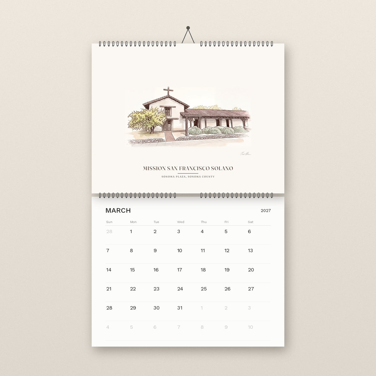 March: Mission San Francisco Solano in Sonoma, above the March 2027 date grid