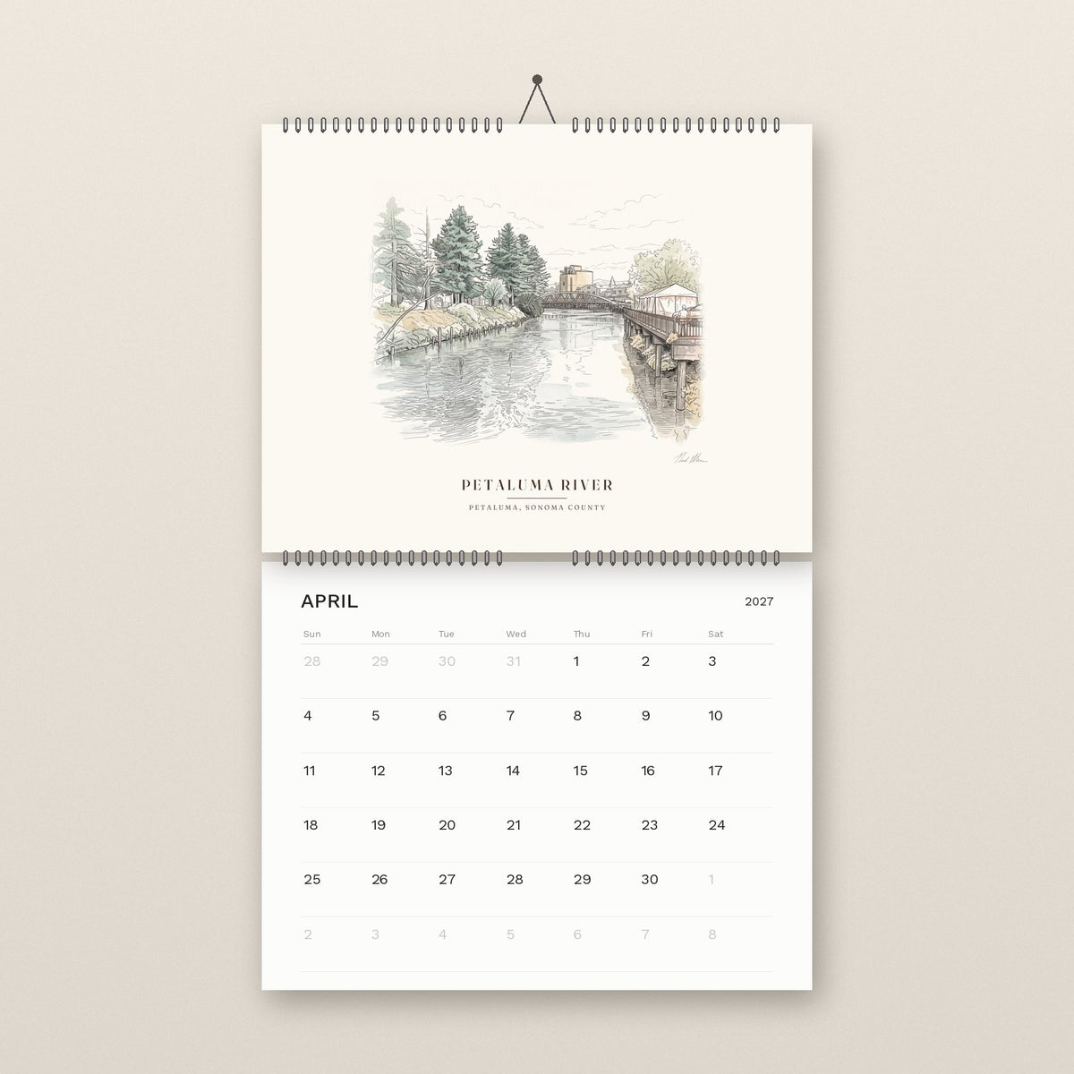 April: the Petaluma River, above the April 2027 date grid